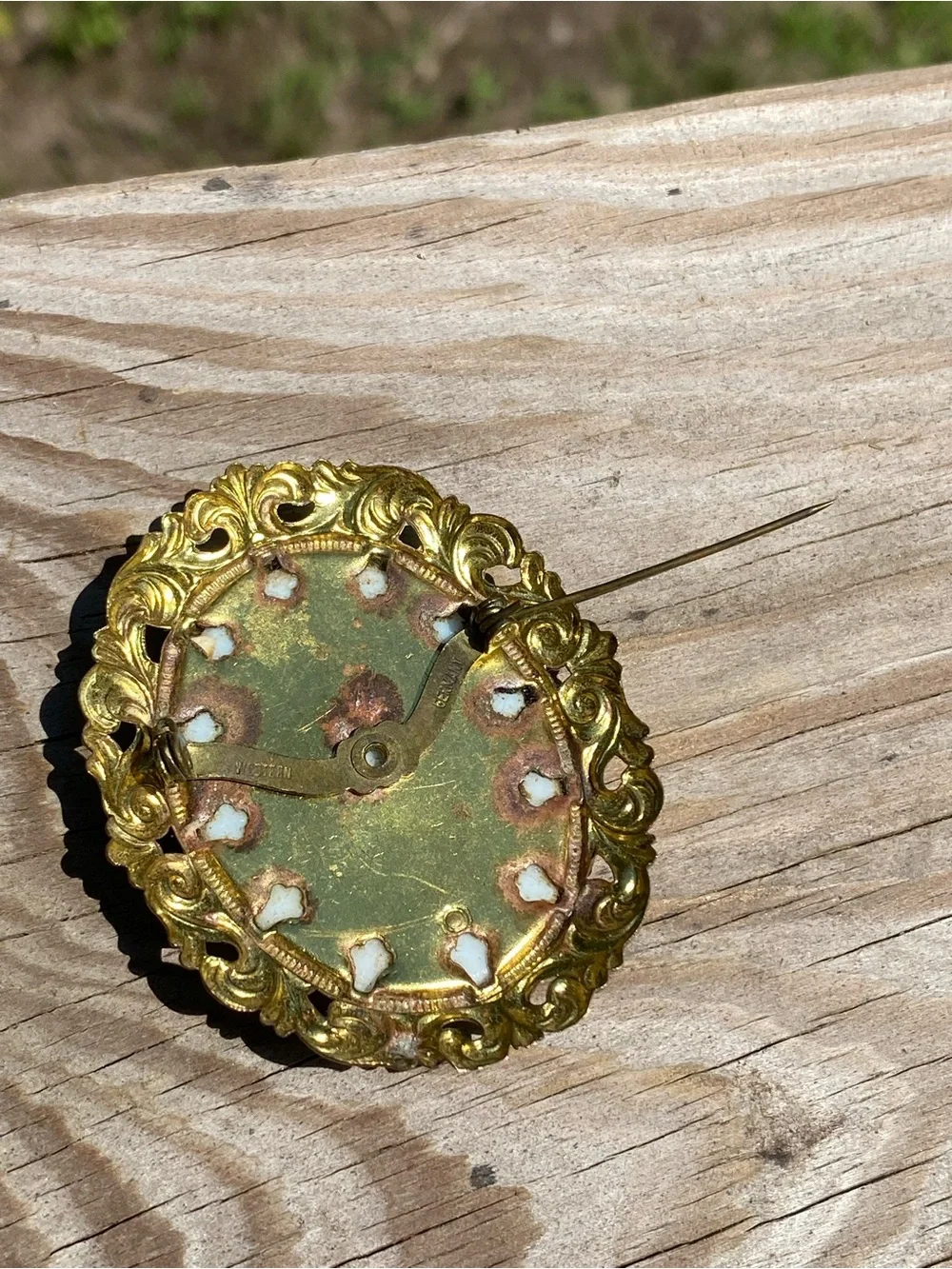 W. Germany Antique Courting Couple Portrait Brooch in Gold Frame